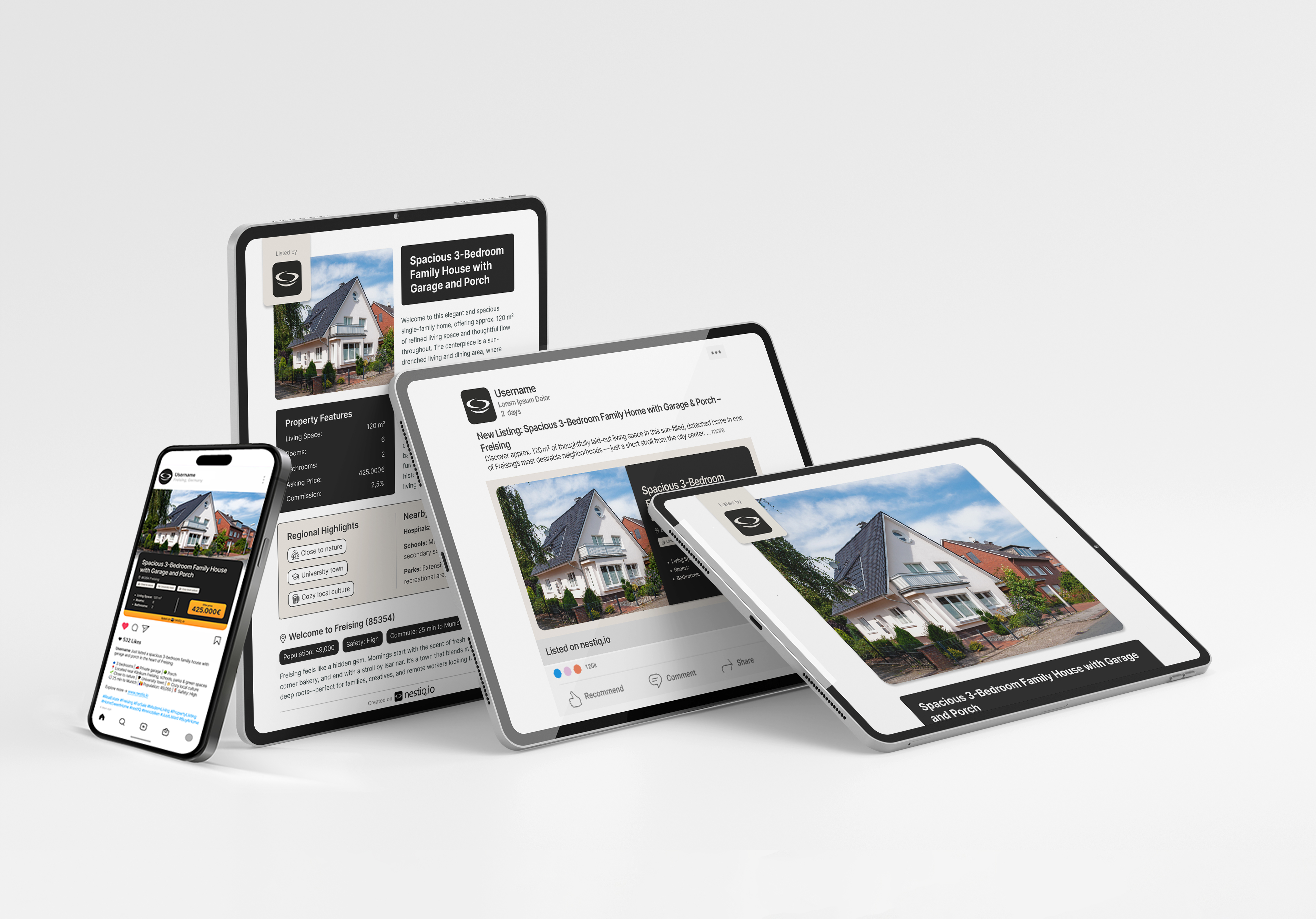 Real estate listing for a spacious 3-bedroom family house with garage and porch displayed on mobile phone and three tablets.