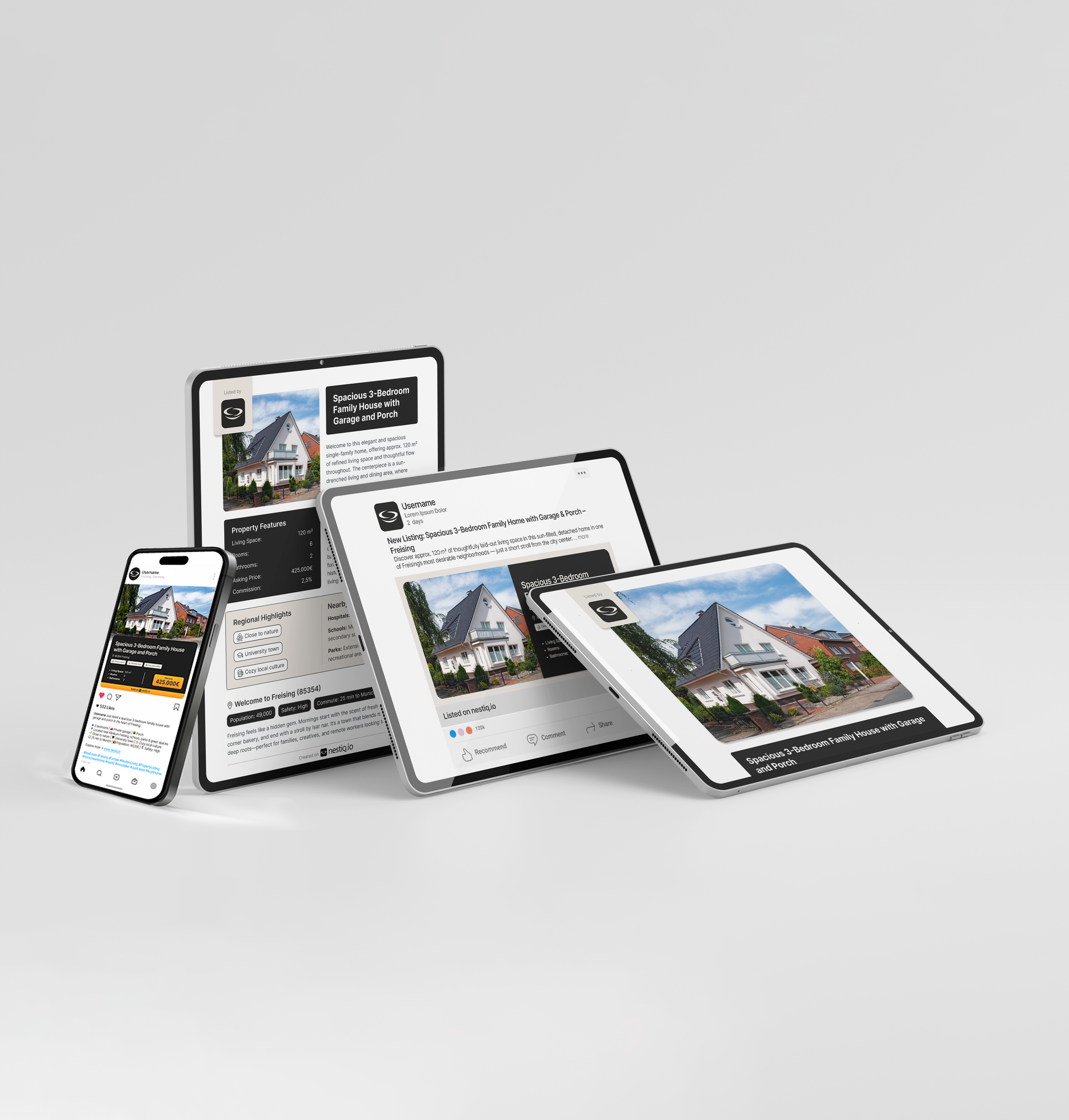 Smartphone and three tablets displaying a real estate listing for a spacious 3-bedroom family house with garage and porch.