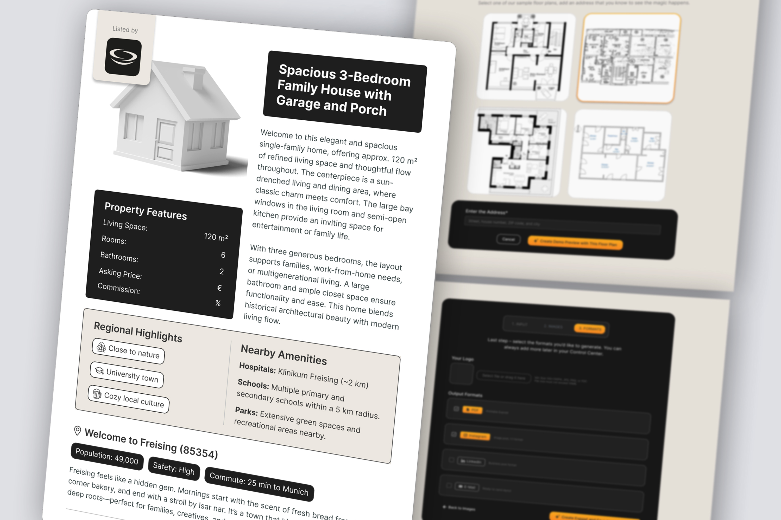 Real estate listing flyer showing a spacious 3-bedroom family house with garage and porch, property features, regional highlights, nearby amenities, and welcome information for Freising.